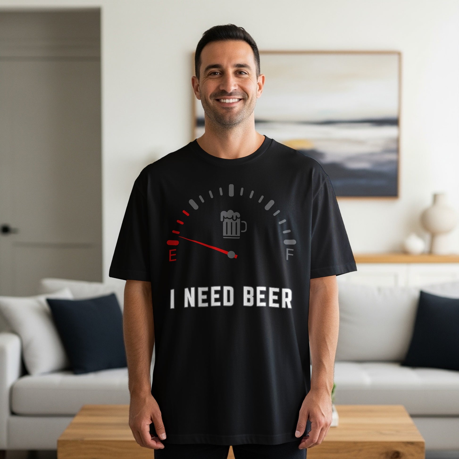 Black t-shirt with a beer gauge graphic and text "I NEED BEER".