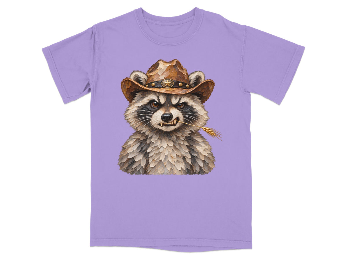 Illustration of a stern raccoon wearing a cowboy hat and chewing a wheat stalk.
