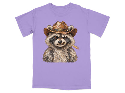 Illustration of a stern raccoon wearing a cowboy hat and chewing a wheat stalk.