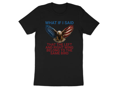 Black t-shirt with eagle, American flag wings, and political text.