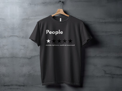 Dark gray t-shirt with "People" and one star, followed by text.
