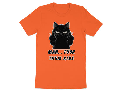 Orange t-shirt with a black cat giving the middle finger and text.