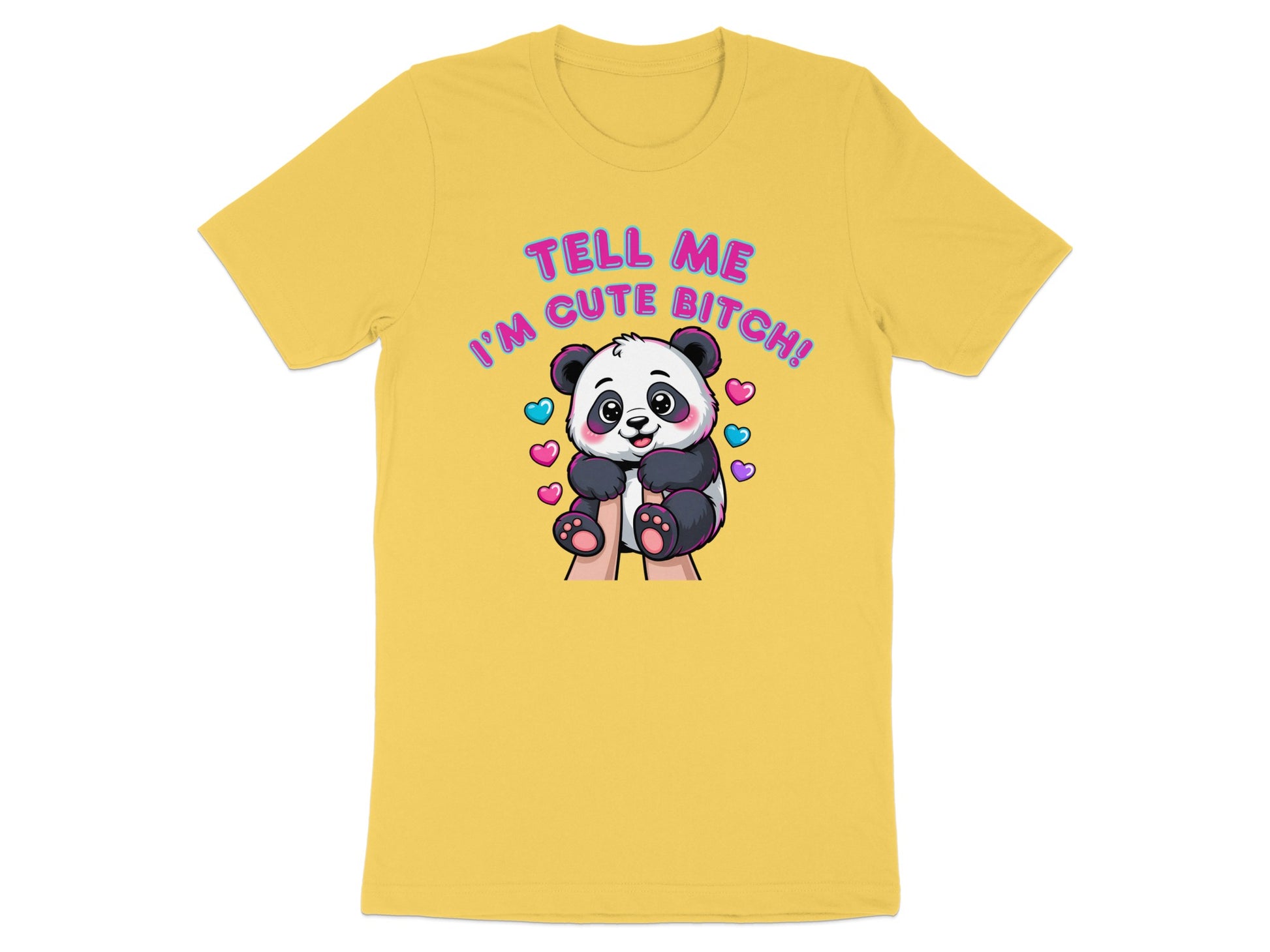 Yellow t-shirt with a cartoon panda and text "TELL ME I'M CUTE BITCH!".