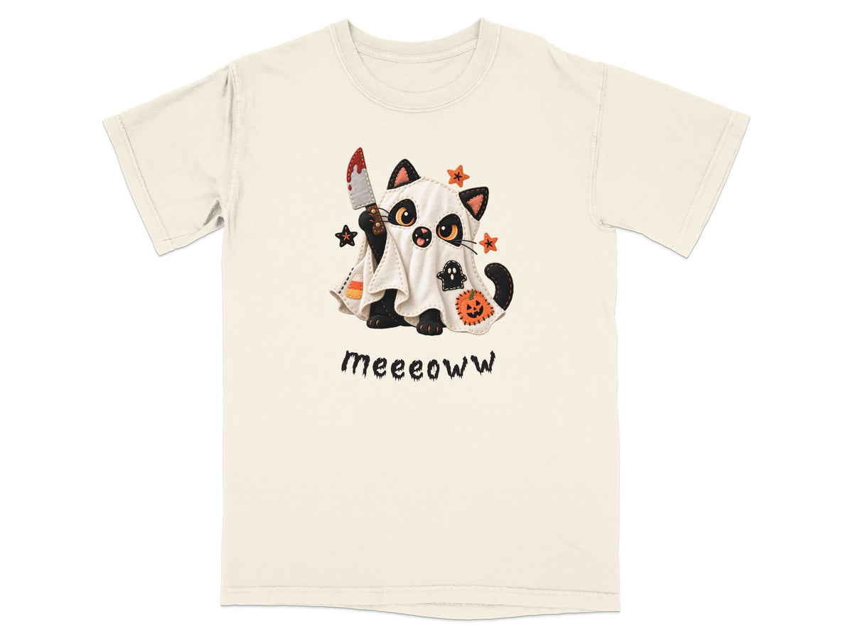 Black cat in ghost costume holding bloody knife with "meeoww" text.