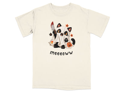 Black cat in ghost costume holding bloody knife with "meeoww" text.