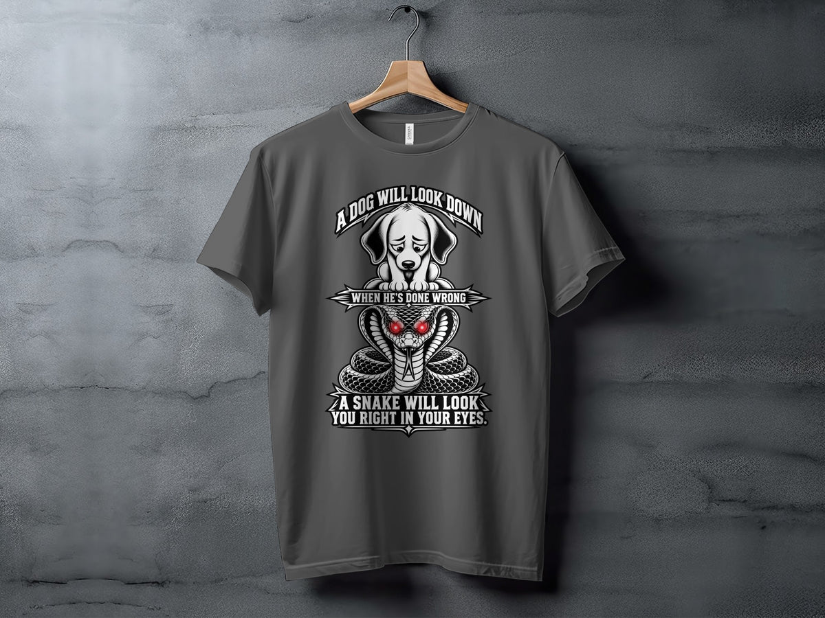 Dark gray t-shirt with a dog and cobra graphic and text.