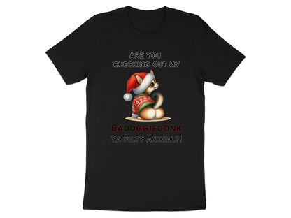 Black t-shirt with text and illustration of a dog wearing a Santa hat and sweater.
