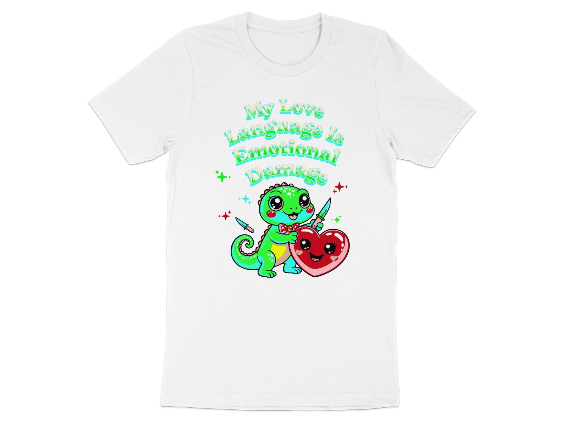 White t-shirt with text "My Love Language Is Emotional Damage" and a cartoon dinosaur holding a heart.