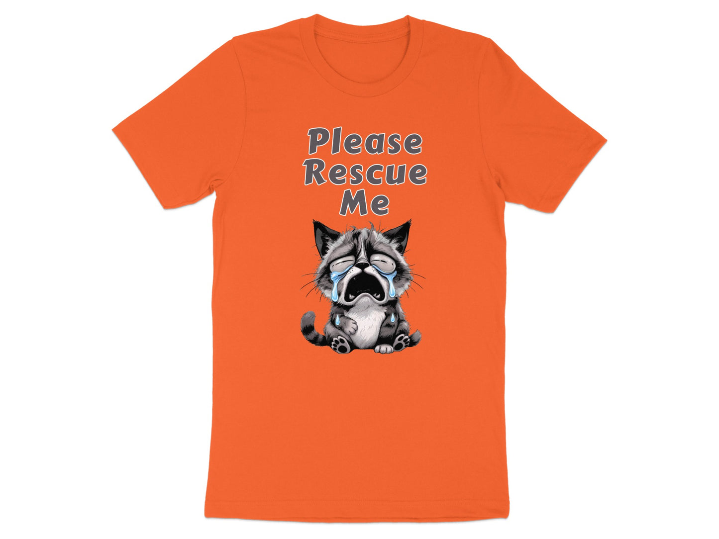 Orange t-shirt featuring a crying cartoon cat with text "Please Rescue Me".
