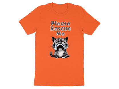 Orange t-shirt featuring a crying cartoon cat with text "Please Rescue Me".