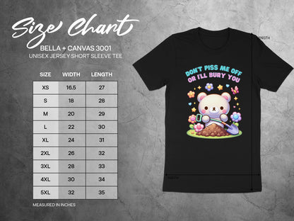 Black t-shirt with a cute bear digging, size chart for Bella + Canvas 3001 tee.