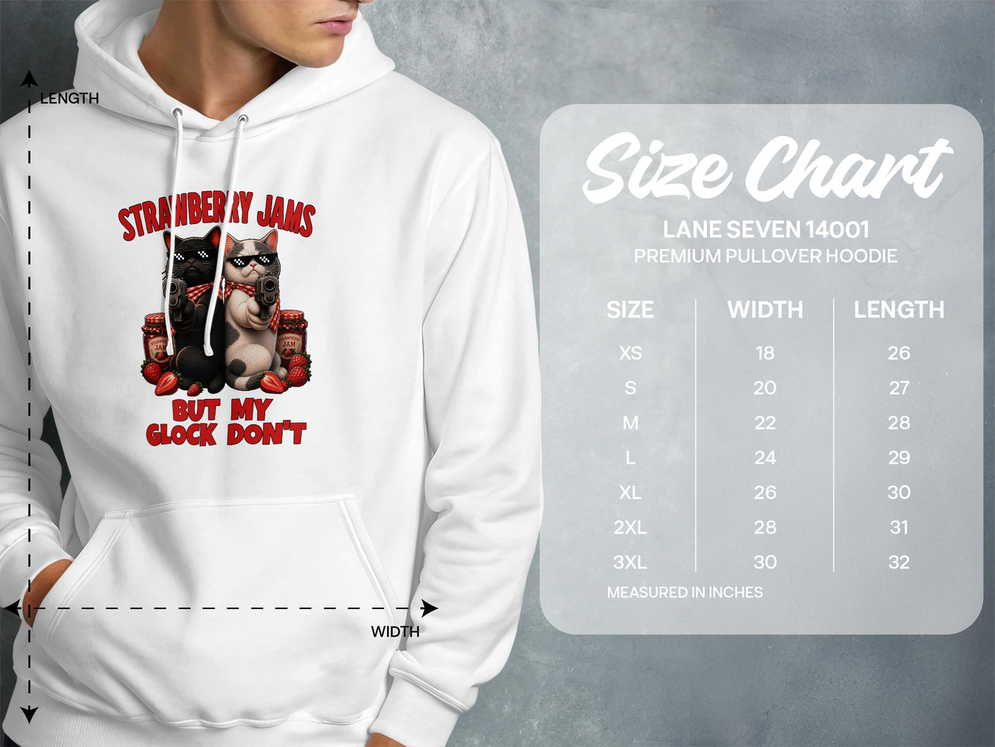 White hoodie with "Strawberry Jams" graphic of cats holding guns and a size chart.