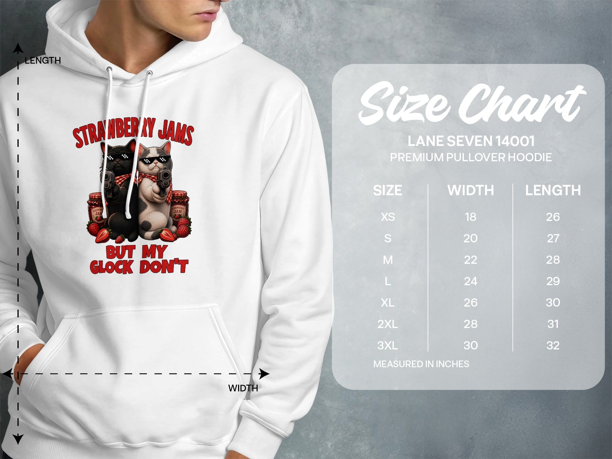 White hoodie with "Strawberry Jams" graphic of cats holding guns and a size chart.