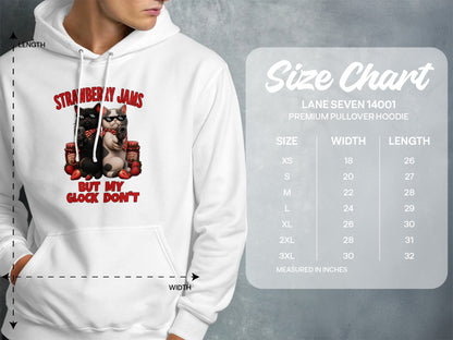 White hoodie with "Strawberry Jams" graphic of cats holding guns and a size chart.