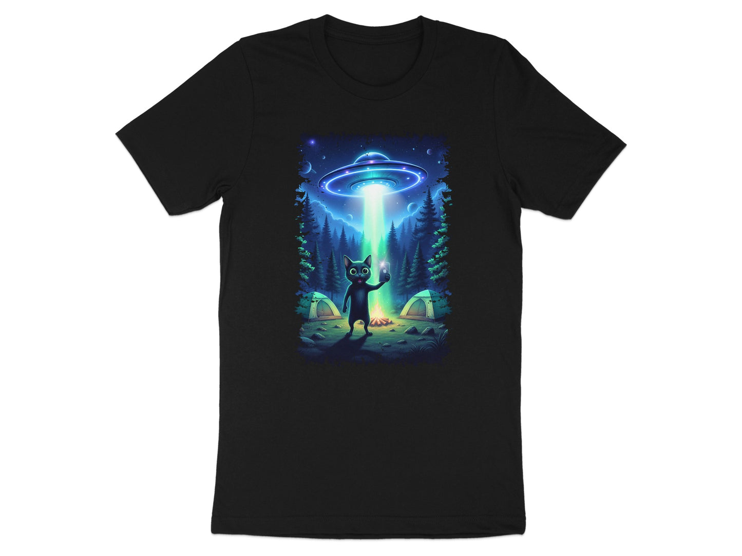Black t-shirt with a cat being abducted by a UFO in a forest scene.