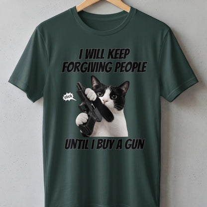 Green t-shirt with black text and a cat holding a gun.