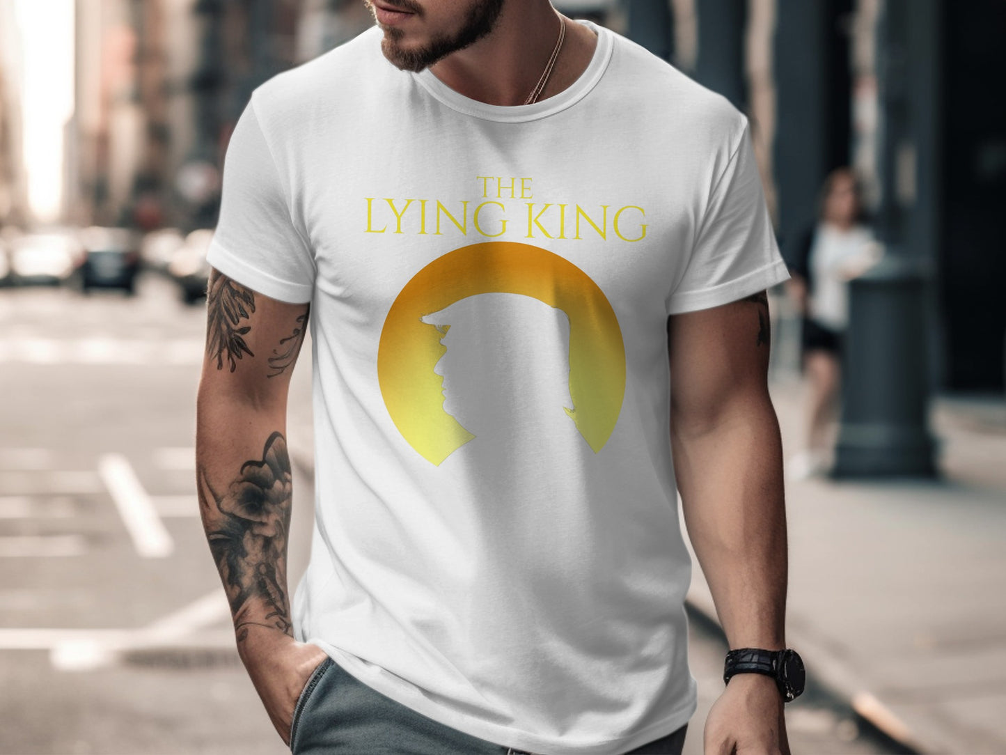 White t-shirt with "The Lying King" text above a silhouette of Donald Trump's head.