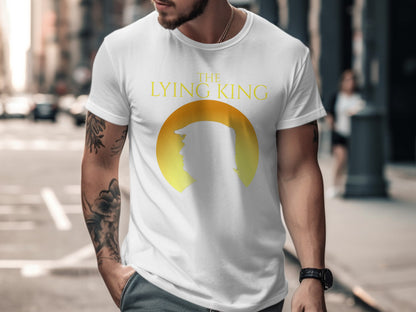 White t-shirt with "The Lying King" text above a silhouette of Donald Trump's head.