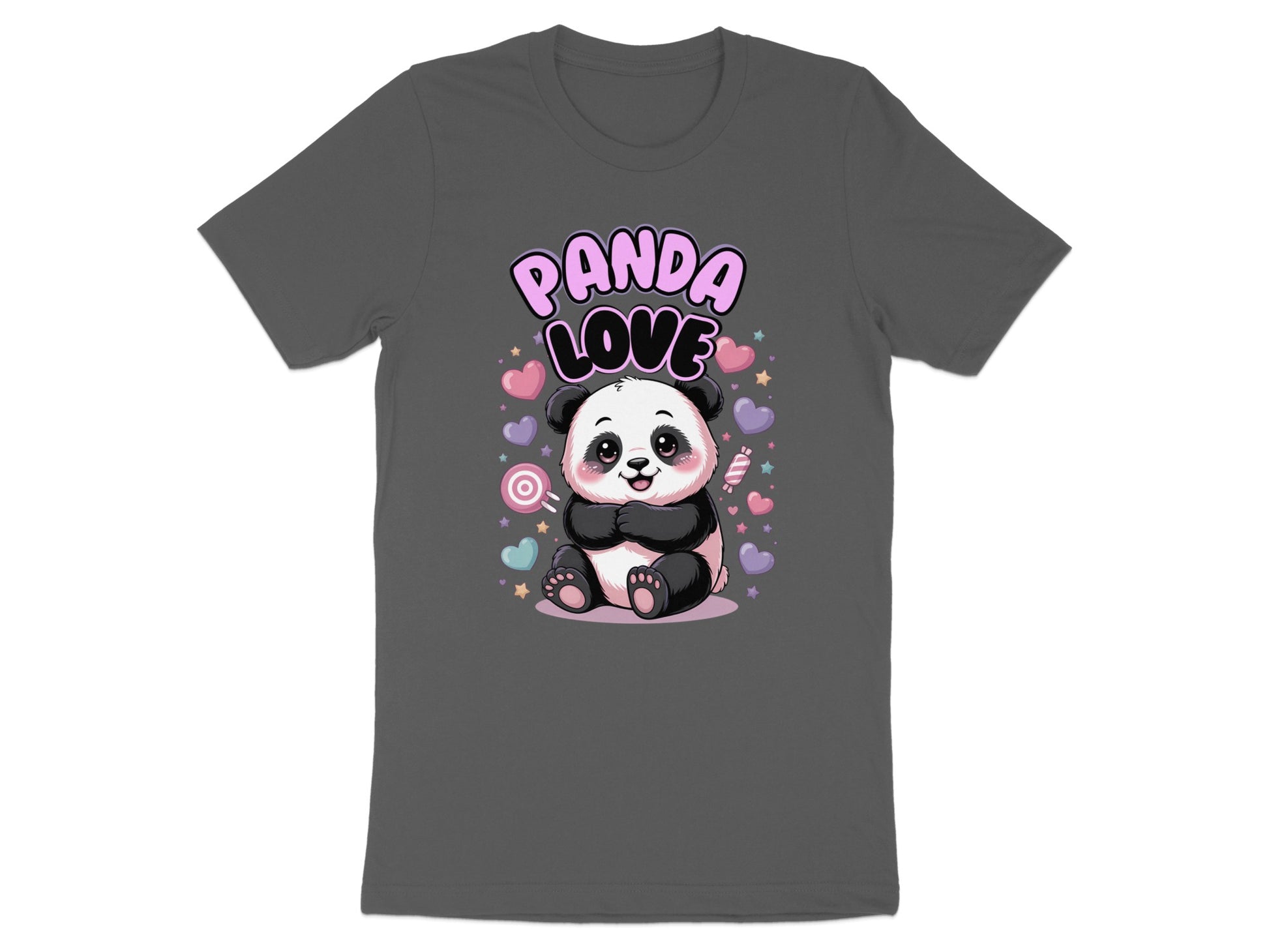 A cute cartoon panda sits surrounded by hearts and candy, with "PANDA LOVE" text above it.