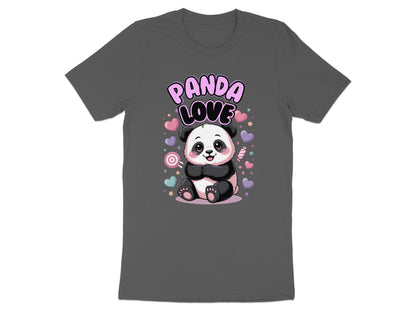 A cute cartoon panda sits surrounded by hearts and candy, with "PANDA LOVE" text above it.