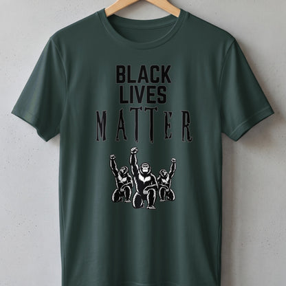 Green t-shirt with "BLACK LIVES MATTER" text and three gorillas with raised fists.