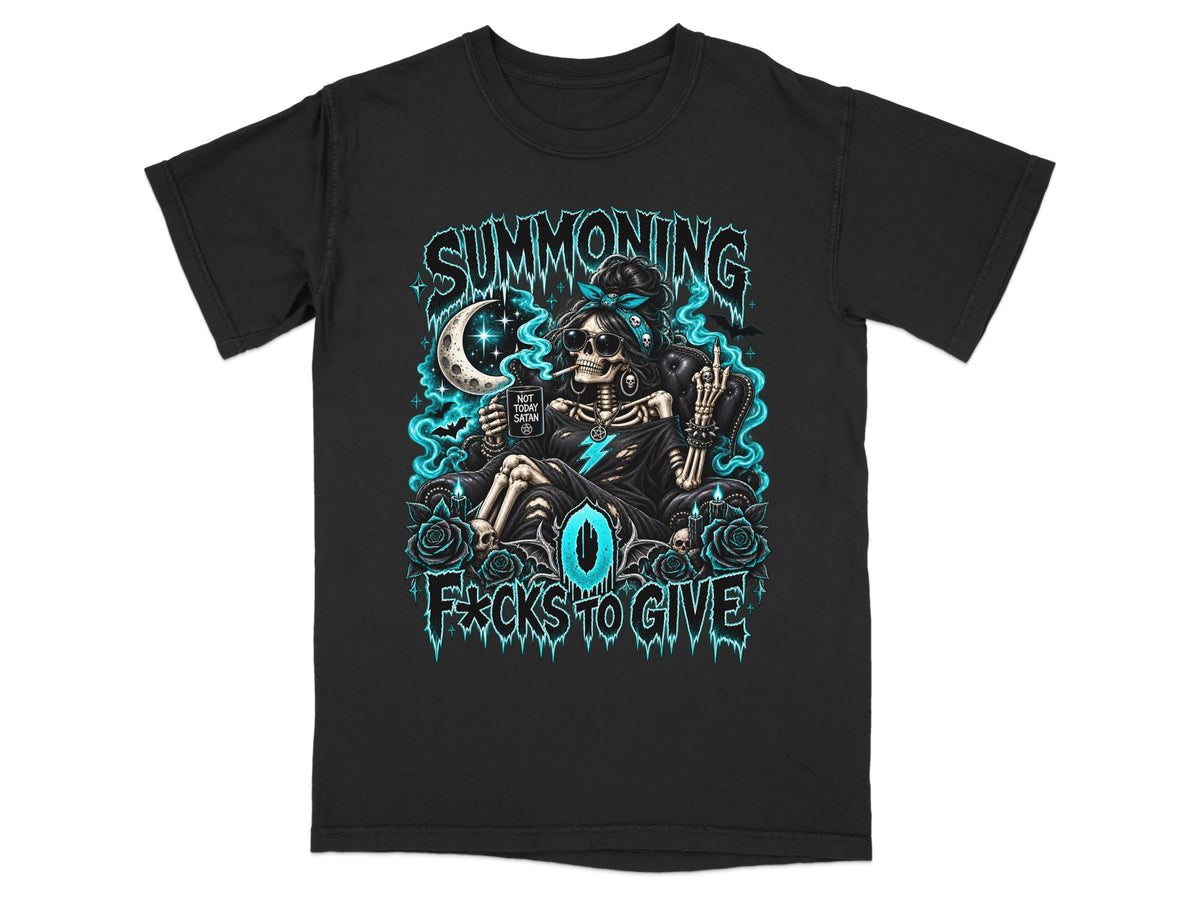 Black t-shirt featuring a blue and white graphic of a skeleton woman holding a mug.