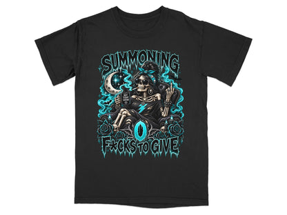 Black t-shirt featuring a blue and white graphic of a skeleton woman holding a mug.
