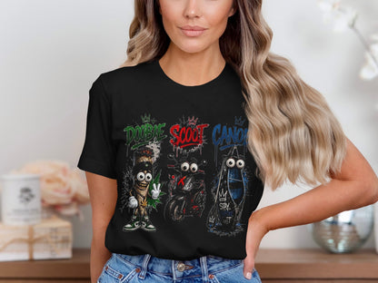 Black t-shirt with cartoon characters: a joint, scooter, and canoe, with text Doobie, Scoot, Canoe.