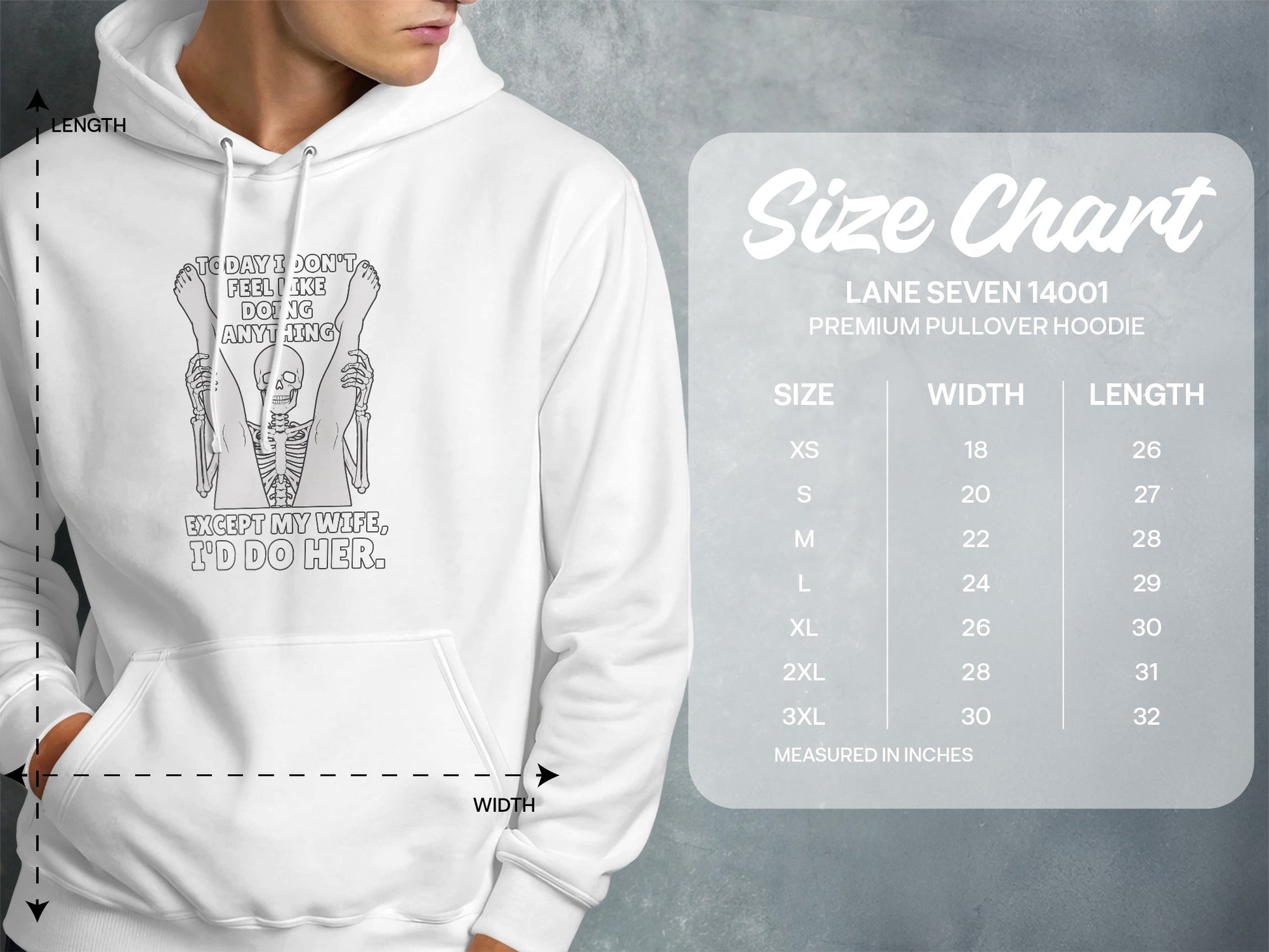 White hoodie with skeleton graphic and size chart for Lane Seven 14001 hoodie.