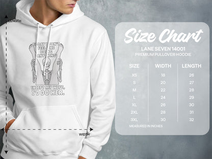 White hoodie with skeleton graphic and size chart for Lane Seven 14001 hoodie.
