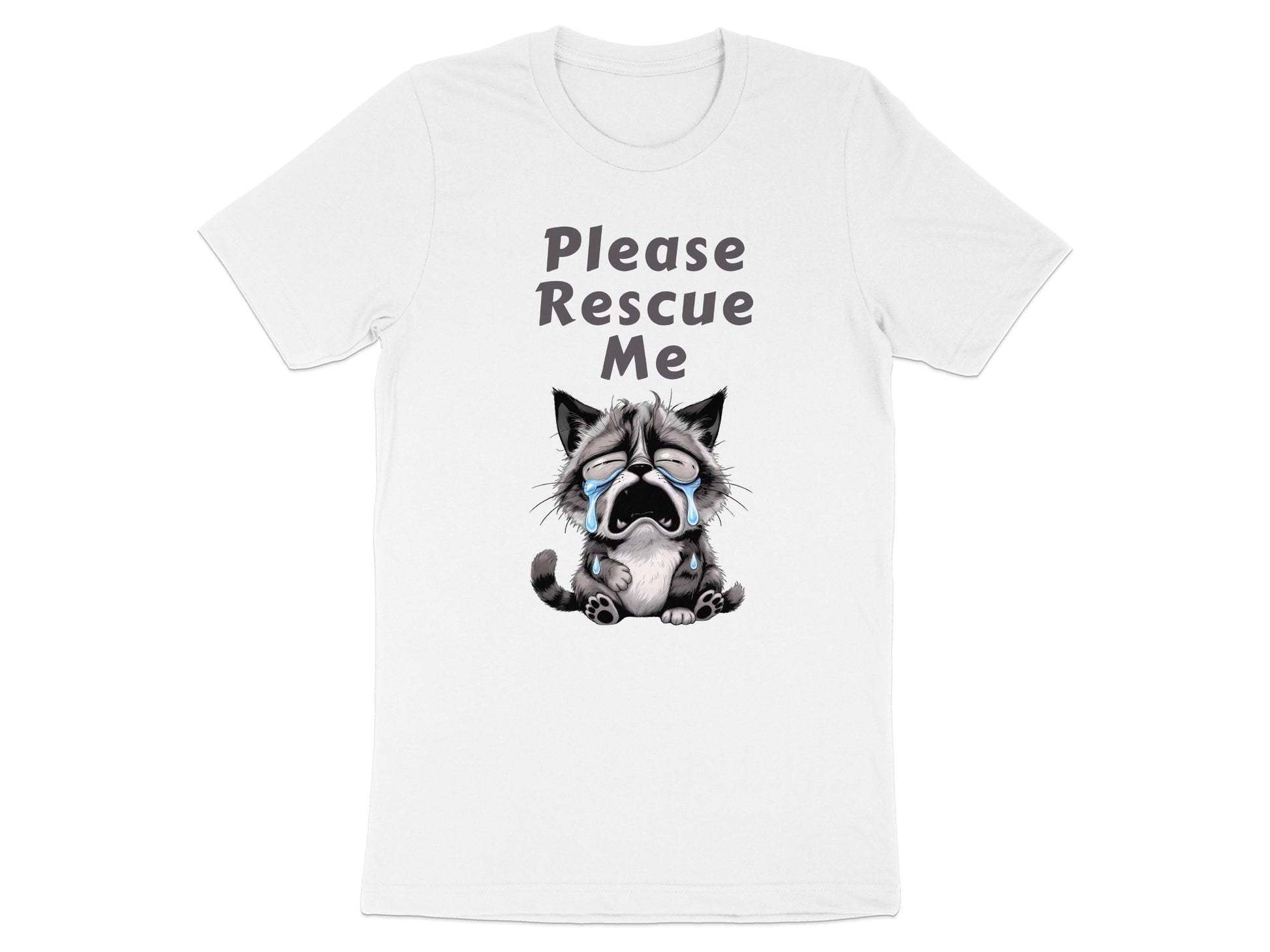 White t-shirt with "Please Rescue Me" text and crying kitten graphic.