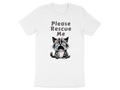 White t-shirt with "Please Rescue Me" text and crying kitten graphic.