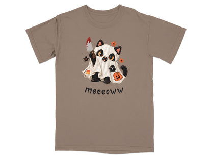 T-shirt with a black cat dressed as a ghost holding a bloody knife and the text "meeeoww".