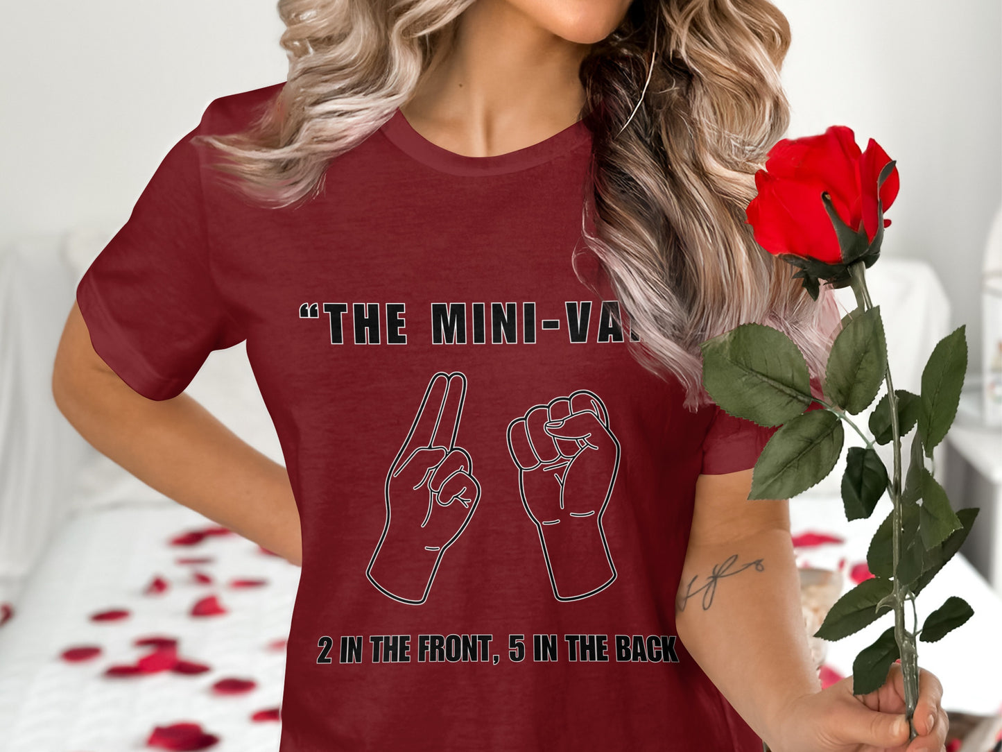 Maroon t-shirt with "THE MINI-VAN 2 IN THE FRONT, 5 IN THE BACK" text.