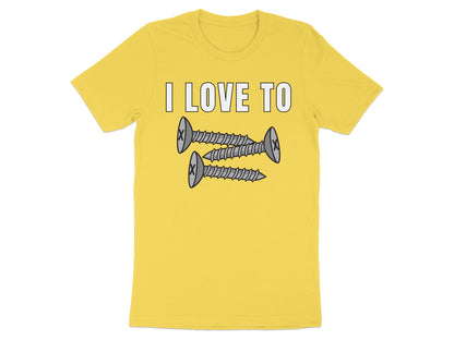 Yellow t-shirt with "I LOVE TO" text and three screws graphic.