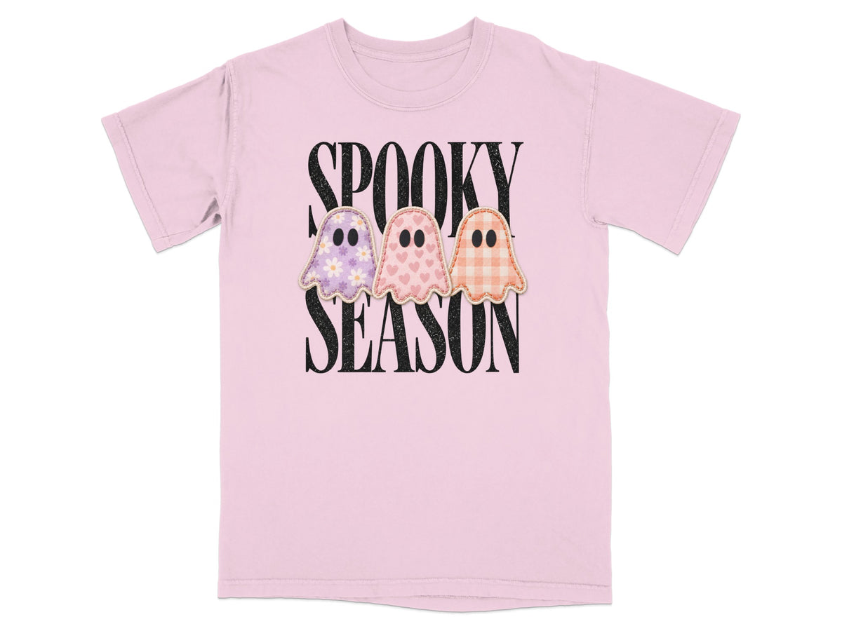 Pink t-shirt with "SPOOKY SEASON" text and three patterned ghosts.