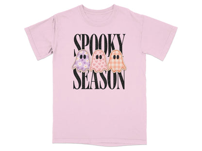 Pink t-shirt with "SPOOKY SEASON" text and three patterned ghosts.