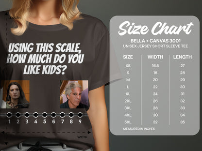 Dark grey t-shirt with text "USING THIS SCALE, HOW MUCH DO YOU LIKE KIDS?" and a size chart.