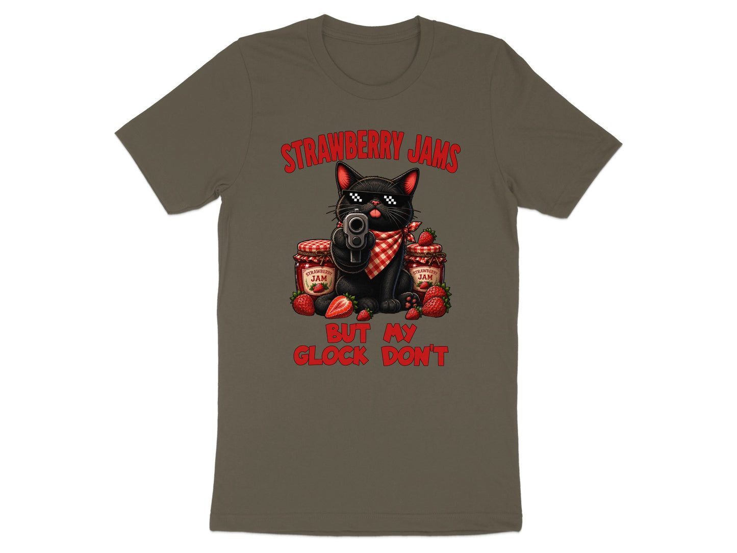 Black cat with sunglasses holding a gun, surrounded by jam jars and strawberries.