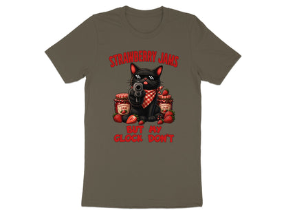 Black cat with sunglasses holding a gun, surrounded by jam jars and strawberries.