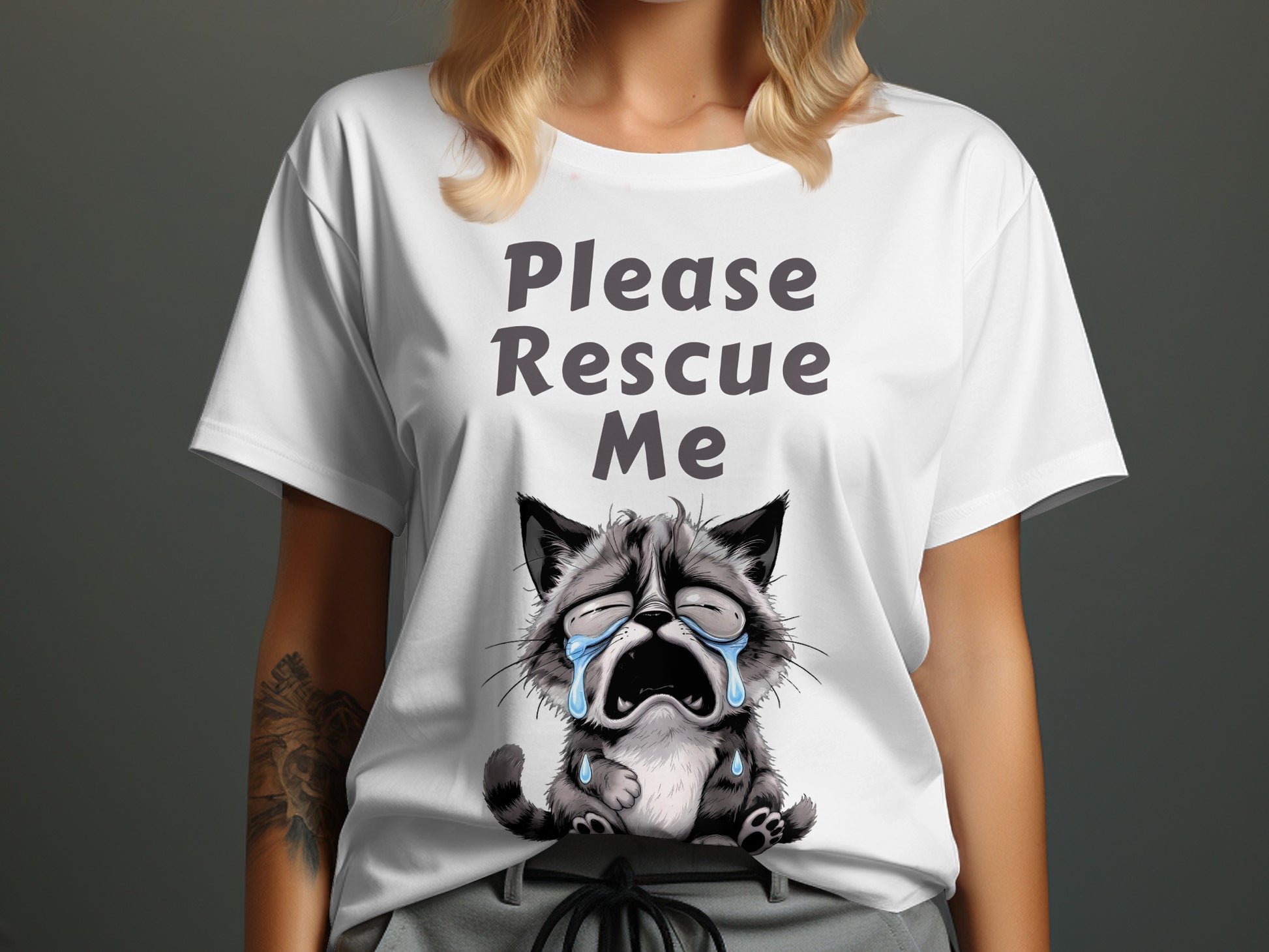 White t-shirt with "Please Rescue Me" text and a crying cartoon raccoon.