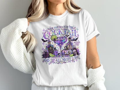 White t-shirt with Halloween graphic: "Pour the Boos in the Cocktail and Sip All Night Long."