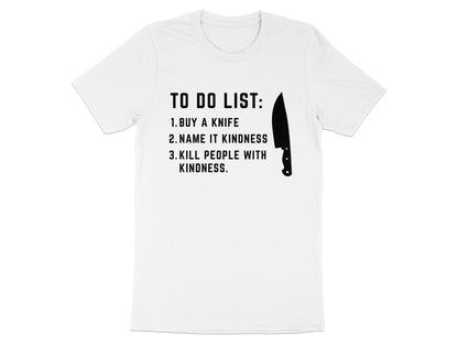 White t-shirt with "To Do List" and a knife graphic.