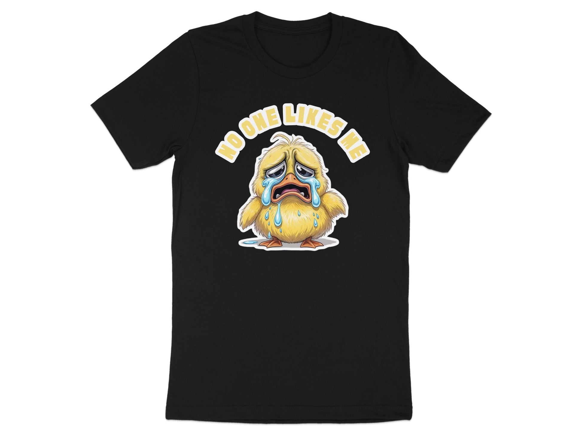 Black t-shirt with a crying cartoon chick and text "no one likes me."
