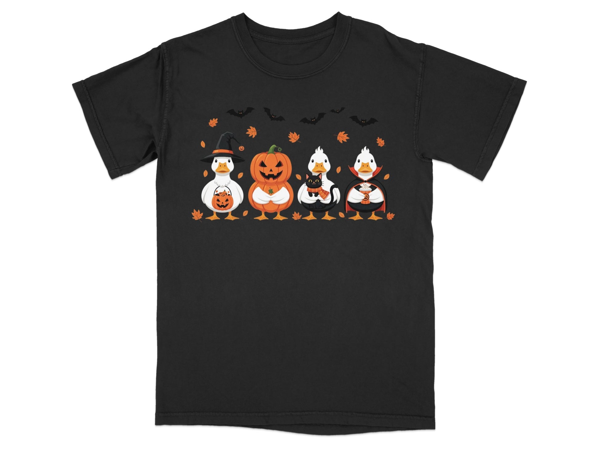 Black t-shirt with four cartoon ducks in Halloween costumes and orange leaves.