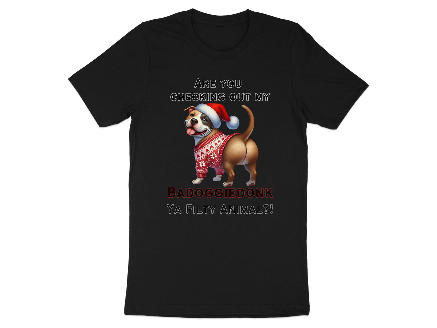 Black t-shirt with text and drawing of a dog in a Santa hat and sweater.