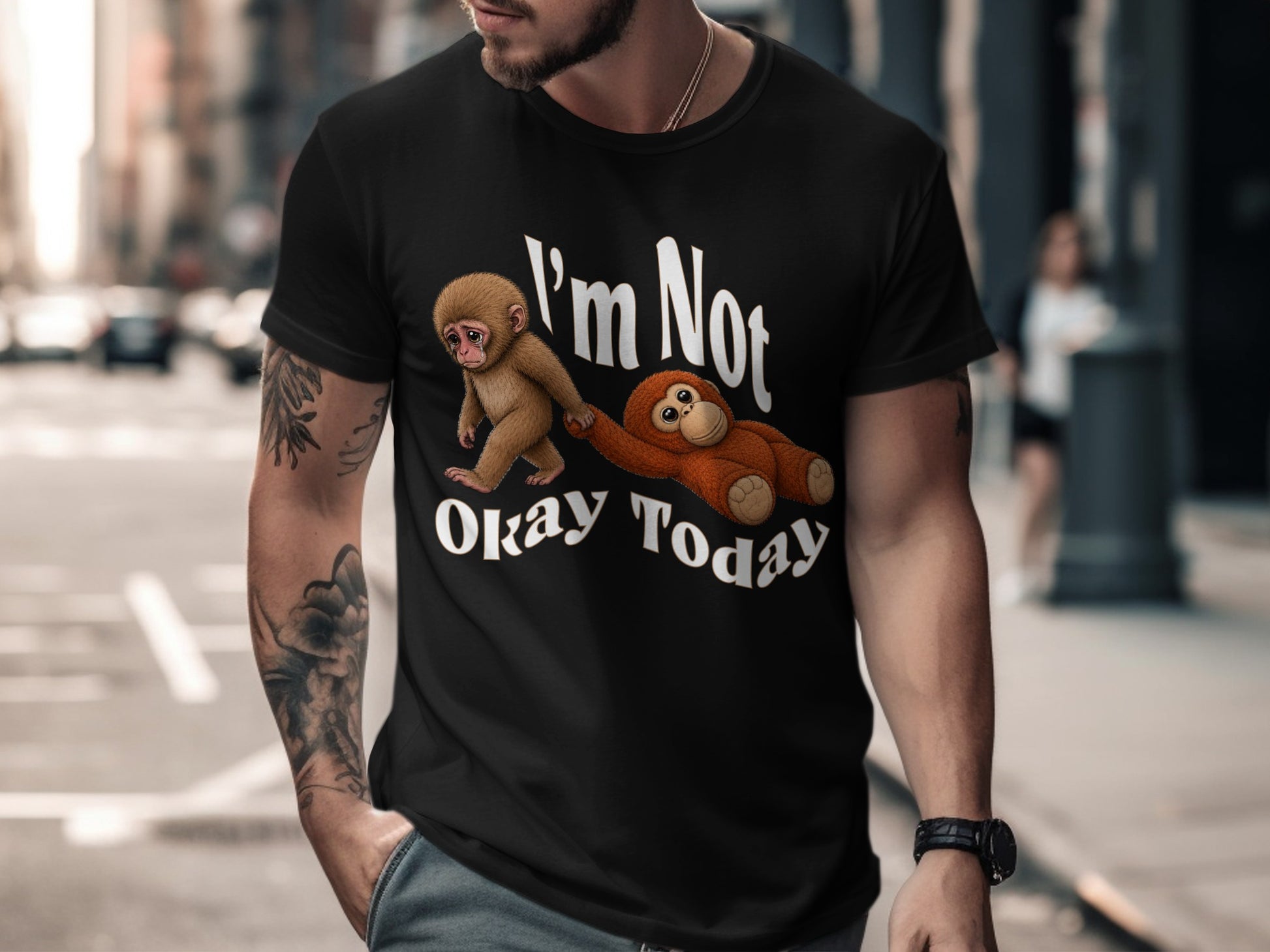 Black t-shirt with "I'm Not Okay Today" text and two monkeys.