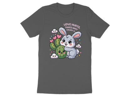 Cute bunny hugging cactus with text "LOVE HURTS, THATS WHY I ENJOY IT."