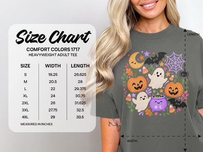 Comfort Colors 1717 heavyweight adult tee size chart with width and length measurements.
