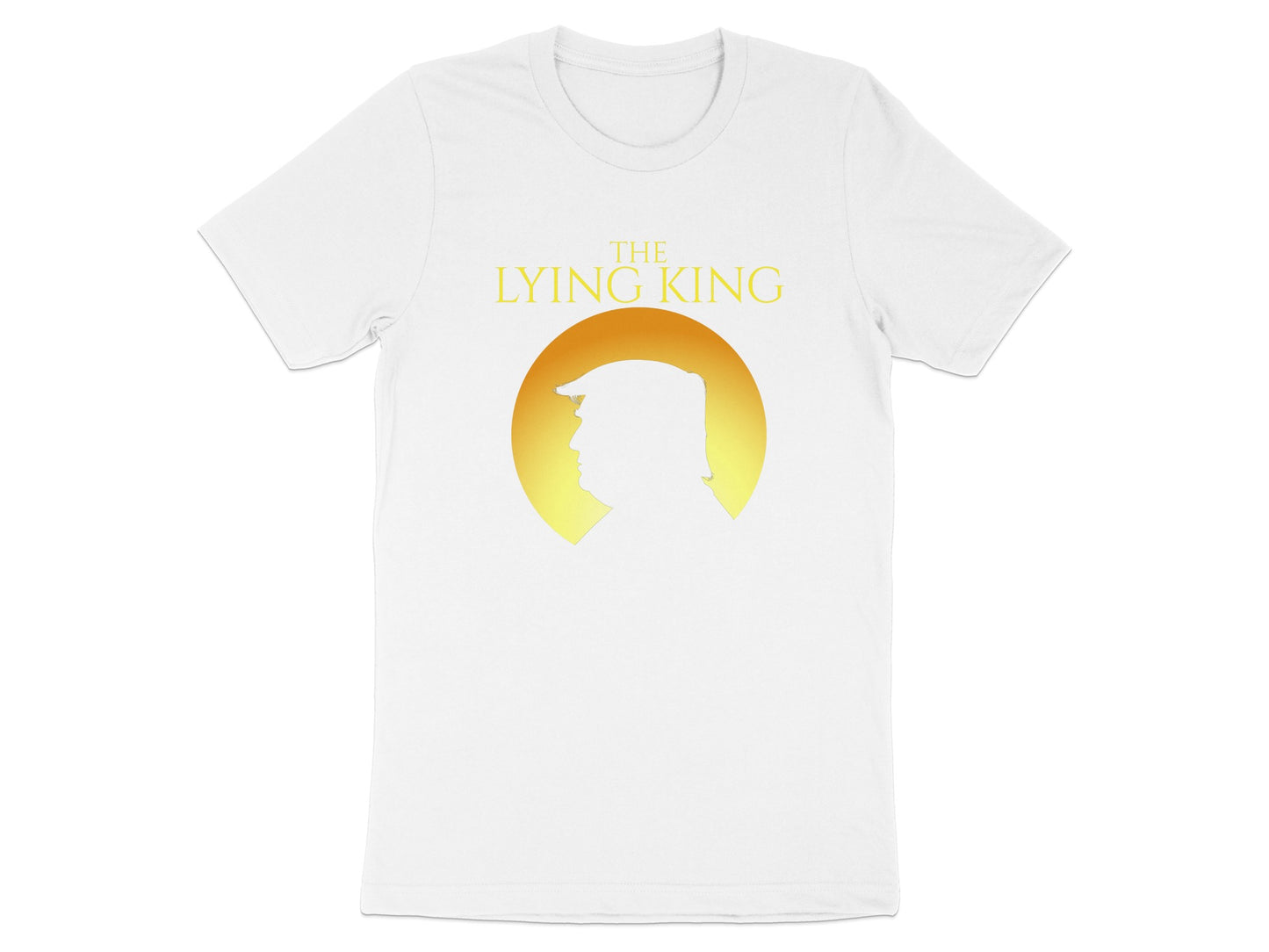 White t-shirt with "The Lying King" text and silhouette of a man in a circle.